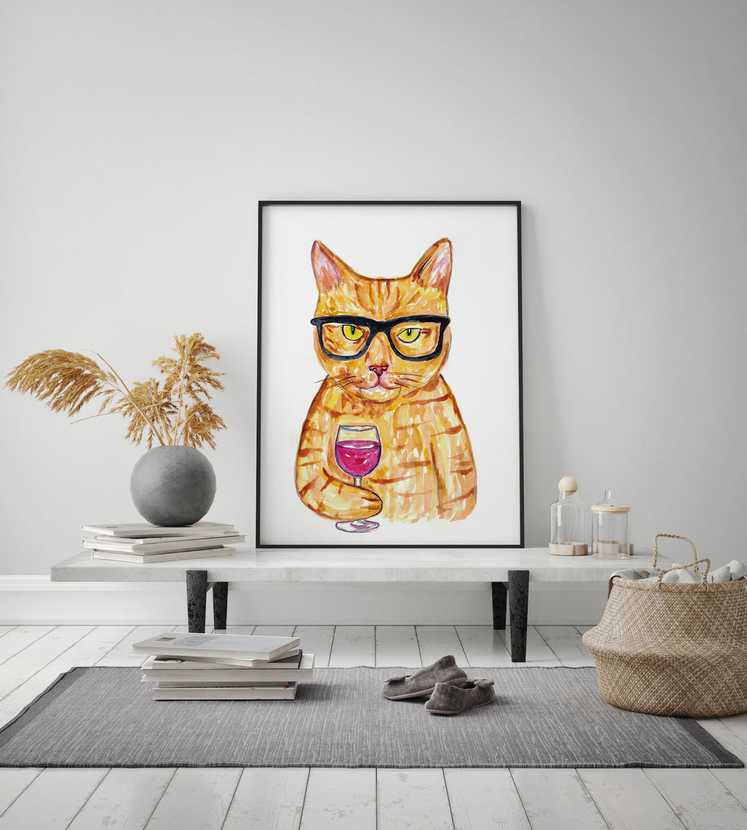 Cat drinking wine painting kitchen wall poster watercolor