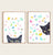 Set of 2 black cat peeking butterfly watercolor painting print