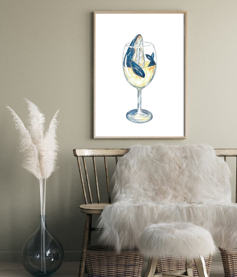 Humpback whale in white wine glass watercolor painting print ...