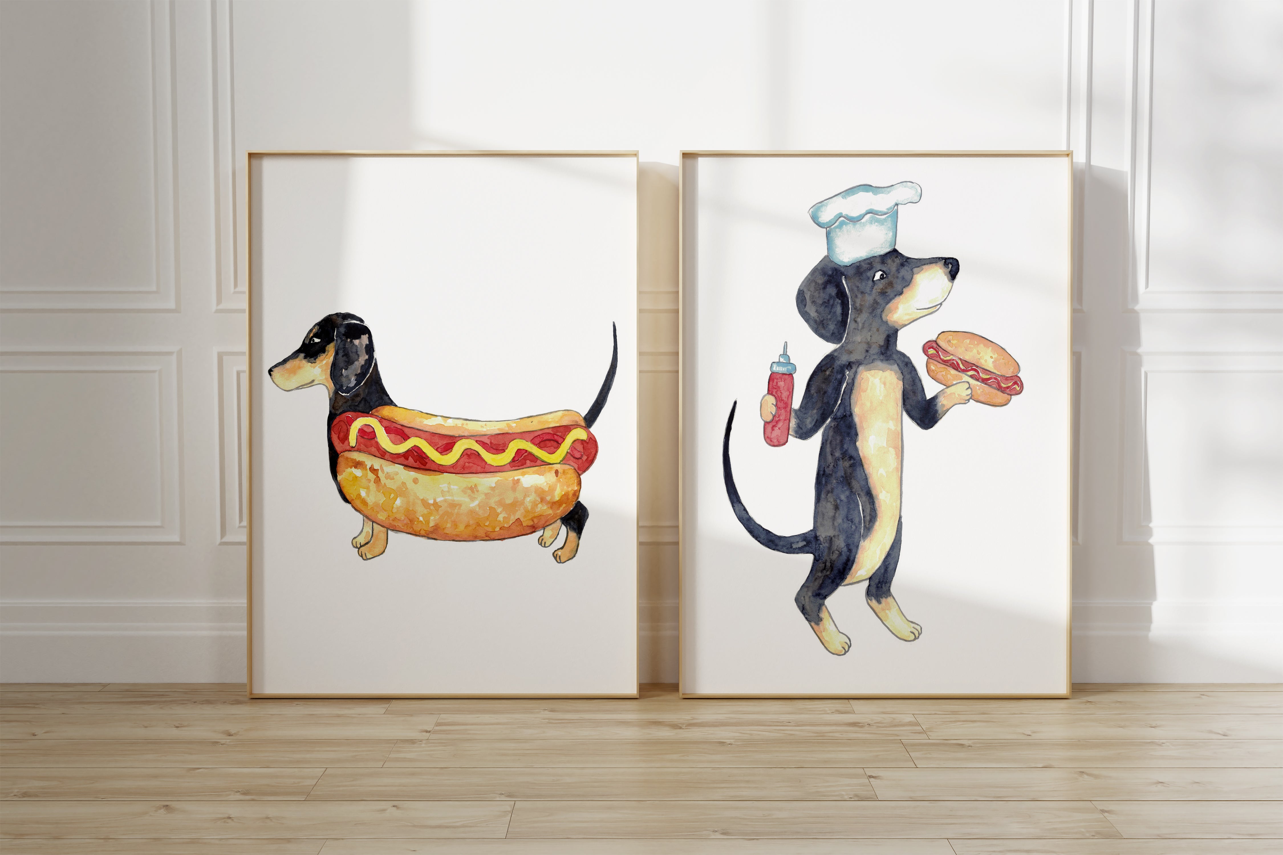 Set of 2 dog dachshund hotdog watercolor painting print