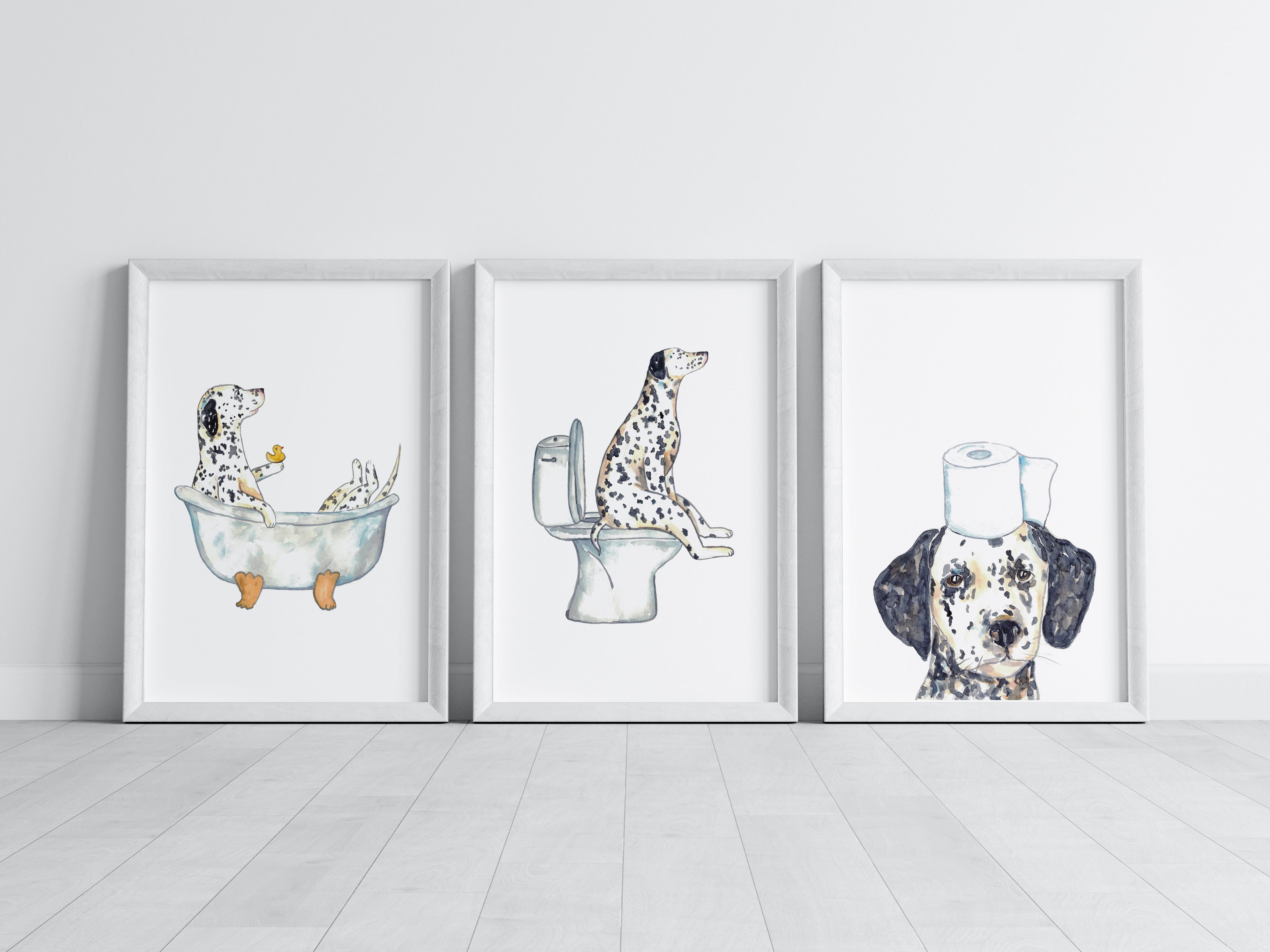 Set of dalmatian dog toilet watercolor painting print