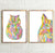 Set of 2 rainbow cat peeking watercolor painting print